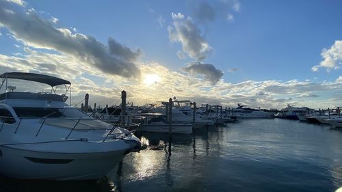 Panoramic view of harbor at sunset