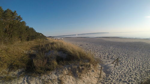 Scenic view of beach against clear sky