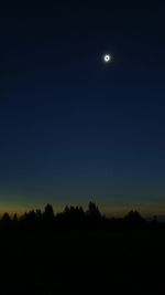 Silhouette trees against clear sky at night