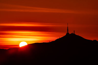 Scenic view of silhouette mountains against orange sky