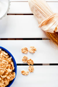 High angle view of breakfast on table