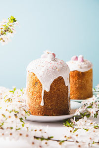 Easter cake with glace icing and decoration. postcard with easter bread. christian traditions. 