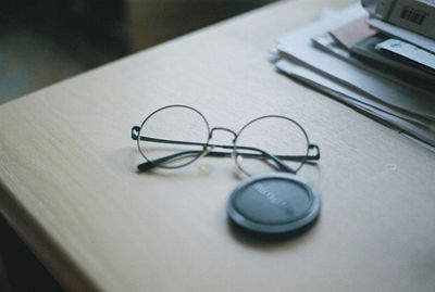 High angle view of eyeglasses on table