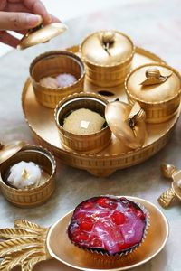 High angle view of ice cream on table