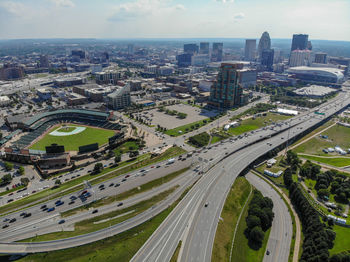 High angle view of city against sky