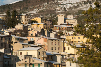 High angle view of buildings in town