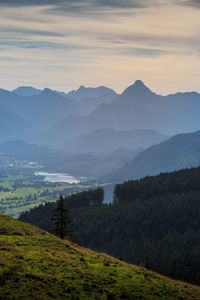 Scenic view of field and mountains against sky