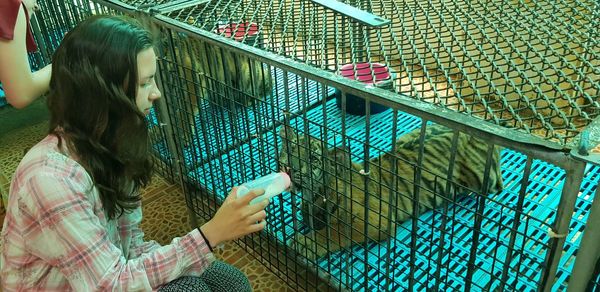 Young woman looking through chainlink fence in cage