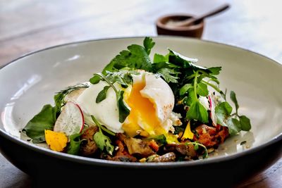 Close-up of breakfast served in plate