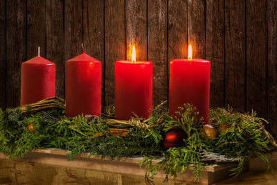 Close-up of illuminated candles on table