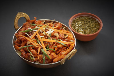 High angle view of food served on table