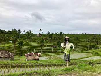 Full length of straw scarecrow doll standing on agricultural field against sky