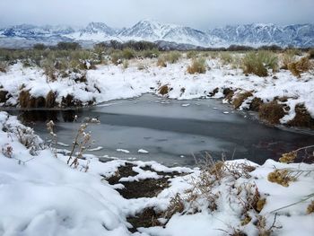 Scenic view of snow covered mountains