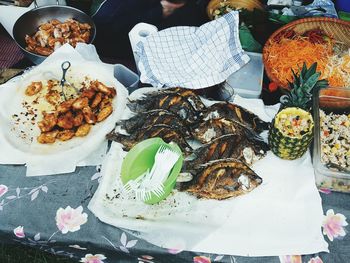 High angle view of fresh seafood on market stall