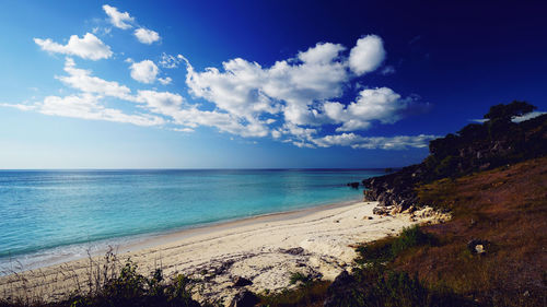 Scenic view of sea against blue sky