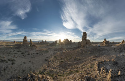 Trona pillars during sunrise with blue sky