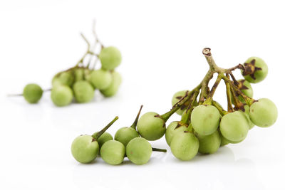 Close-up of grapes over white background