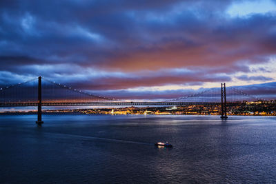 View of 25 de abril bridge famous tourist landmark of lisbon in the evening. lisbon, portugal