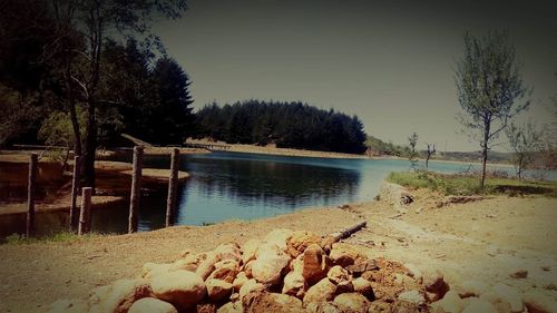 Scenic view of lake against clear sky