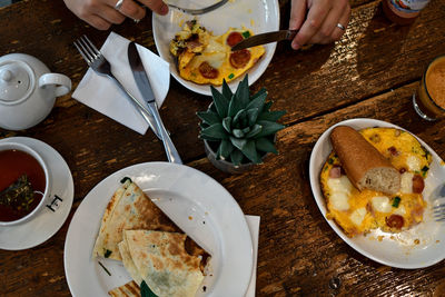 High angle view of breakfast on table