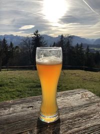 Close-up of beer glass on table