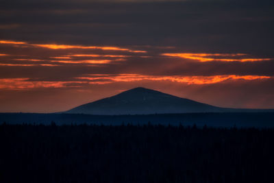 Scenic view of silhouette mountains against orange sky