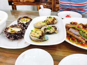 High angle view of food served on table