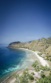 Scenic view of sea against clear blue sky