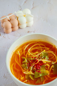 High angle view of noodles in bowl on table