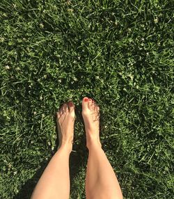 Low section of woman standing on grass