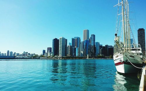 Calm blue sea with buildings in background