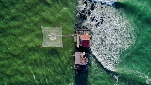 Aerial view of fishing net in sea