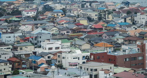 High angle view of houses in town