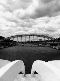 Bridge over river against cloudy sky