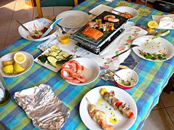 Close-up of food served on table