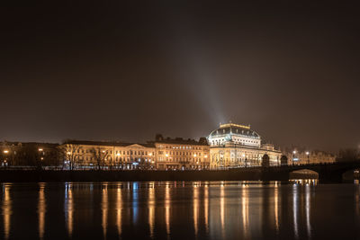 Illuminated buildings by river at night