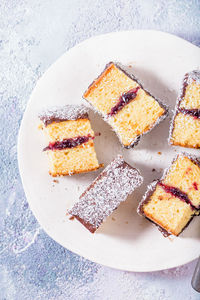 High angle view of cake in plate on table