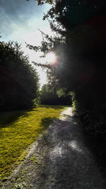 Road amidst trees on field against sky