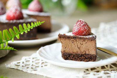 Close-up of cake in plate on table