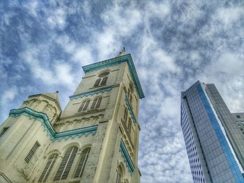 Low angle view of modern building against cloudy sky