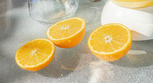 High angle view of sliced lemons on table