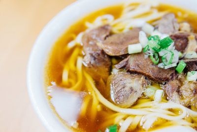 Close-up of served noodles soup in bowl