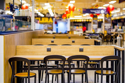 Empty chairs and tables in restaurant