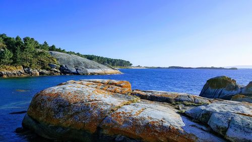 Scenic view of sea against clear blue sky