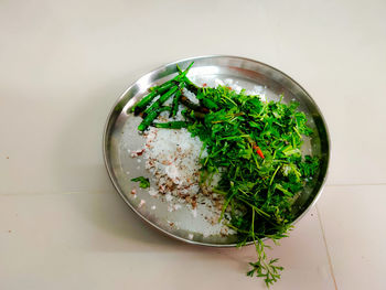 High angle view of vegetables in bowl on table