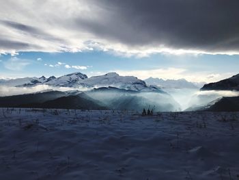 Scenic view of snowcapped mountains against sky