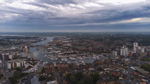 An aerial photo of the wet dock in ipswich, suffolk, uk