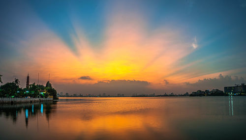 Scenic view of lake against sky during sunset