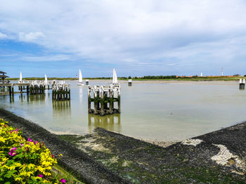 Scenic view of lake against cloudy sky