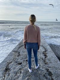 High angle view of a bird flying in the sky. girl looks at the sea and waves.seagulls fly in the sky